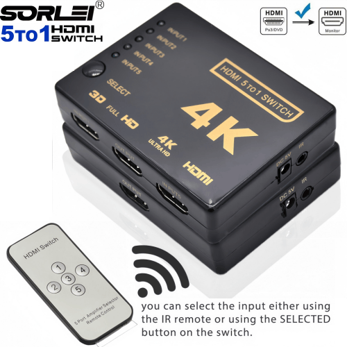 4K Video HDMI Switch Splitter 5x1 5 Port 5 Inout 1 Output 4K HDMI Switcher