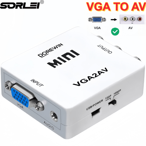 VGA to AV RCA Composite Converter PAL/NTSC Compatible with 3.5mm Audio Input Applicable to Computers/Surveillance/Old Monitors/Old TVS/Old projectors