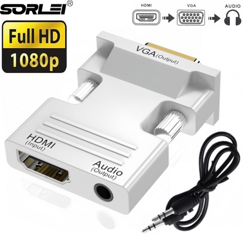 1080p HDMI Female to VGA Male Converter with 3.5mm AUX Audio Cable Adapter 1080P FHD Video Output for PC Monitor Projector 