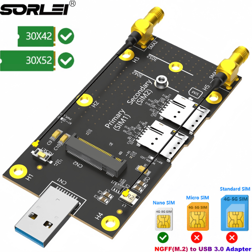 NGFF(M.2) to USB 3.0 Key Wireless Adapter with Dual 6DB Antenna Dual NANO SIM Card Slot for 3G/4G/5G Module